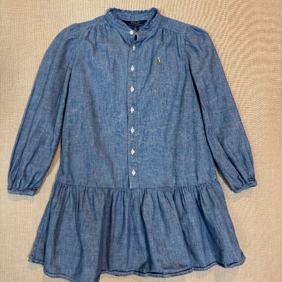 Ralph Lauren Polo Girls Chambray Denim Dress Size 7 Long Sleeve Ruffle Hem - Picture 2 of 9